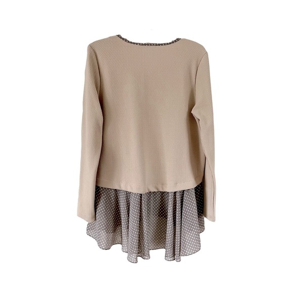 Comme Toi | Tan Herringbone Thermal Knit Layered Polka Dot Tunic Top, Medium - Picture 2 of 6